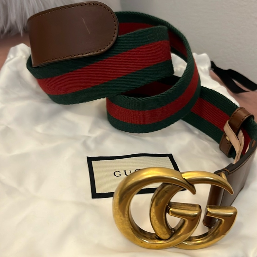 Gucci Marmont woman’s belt brown leather & red green web size 95